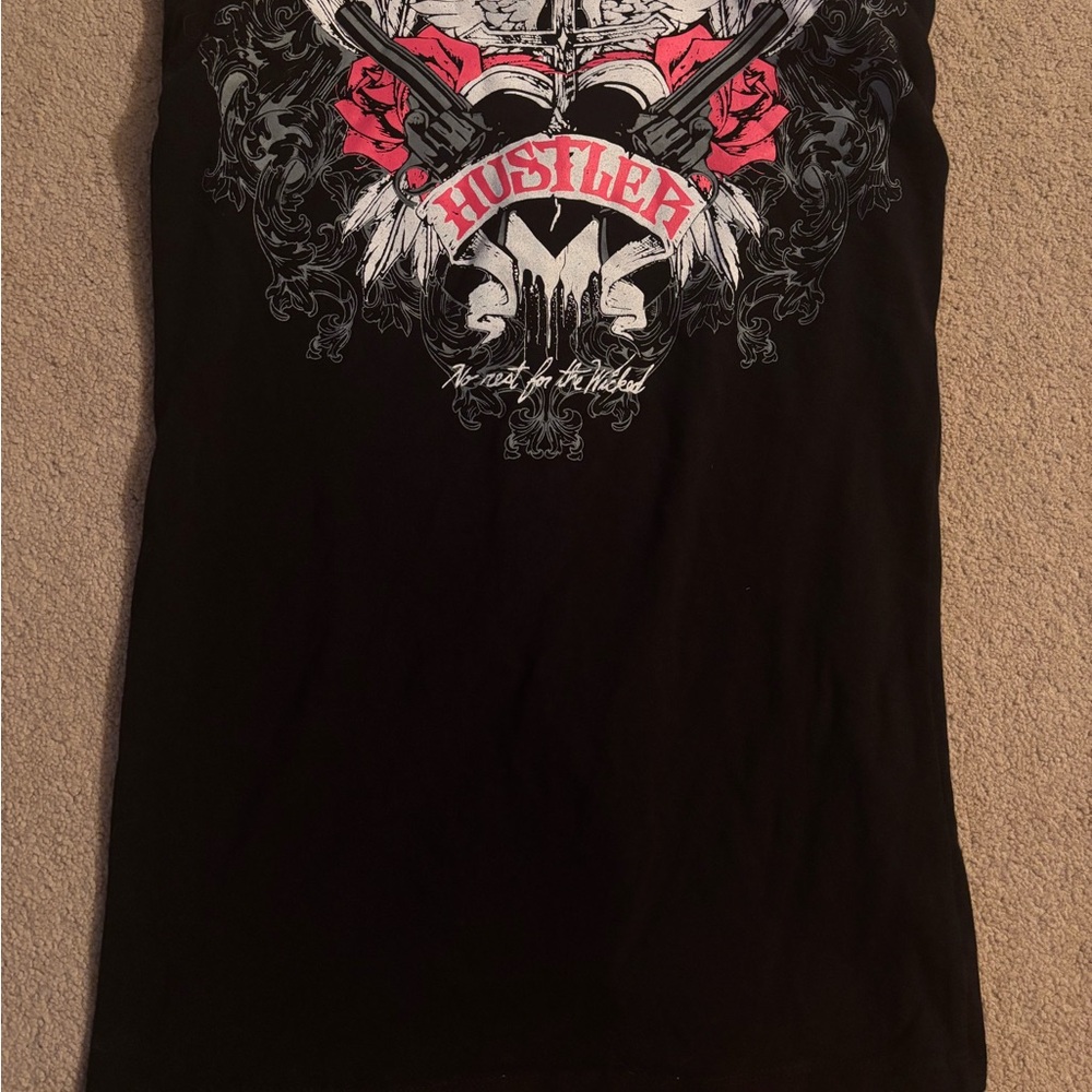 Hustler Hollywood Black and Pink Graphic Tee with lace up back